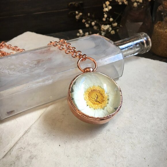 Real Daisy Necklace/Pressed Flower Pendant/Botanical Globe Amulet by Query Eve - Picture 1 of 11
